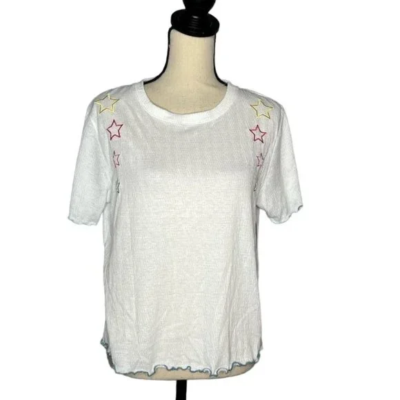 Emerson Road White Star Print Short Sleeve Shirt Women's Size Large L - Picture 7 of 7